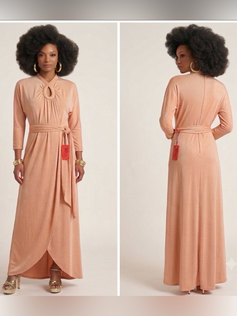 Vintage 70’s NWT Rona NY Peach Gown ILGWU Dress Slinky Tulip Sz 12 Studio 54